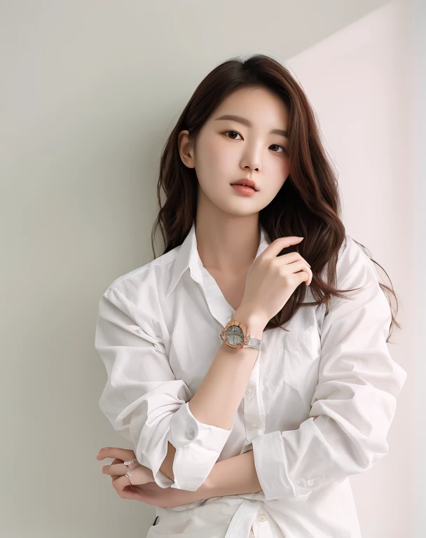 Woman in white shirt and jeans、Beautiful Korean Woman、gorgeous young korean woman、wrist watch、
