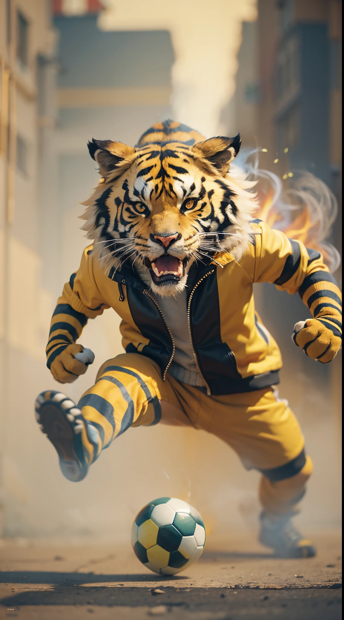 Cartoon energetic fiery tiger with black and yellow jacket playing soccer in egypt city street, dramatic smoke effect, smoke effect, style raw, vintage color grading, Super 8mm lense, Extreme close-up, Deep Focus cinematography effect, high quality, ultra detail, 8k