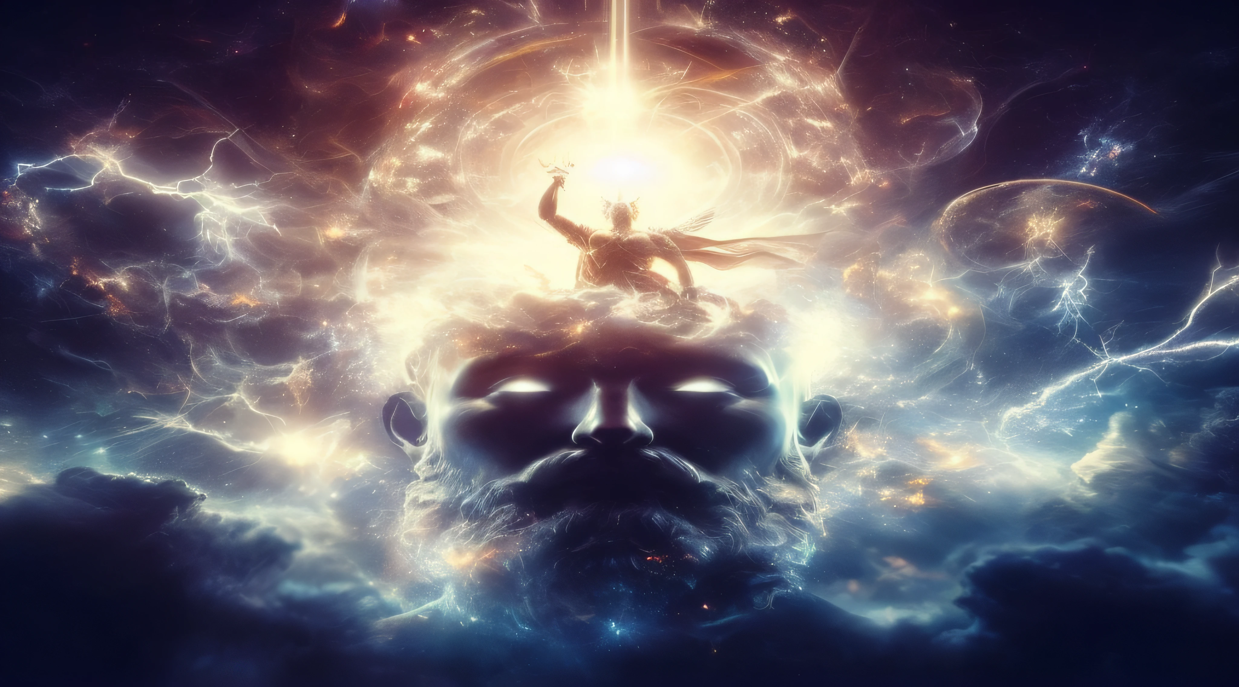 a close up of a man with a halo on his head, interdimensional lightning, his mind contemplating eternity, astral ethereal, an interdimensional being, astral travel, galactic deity, cosmic enlightenment, god of time and space, consciousness projection, astral projection, insanely mystical, astral appearance, fractal thunder dan mumford, quality astral projection render, epic clouds and godlike lighting