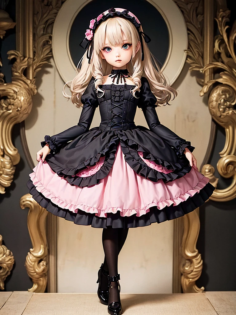 Gothic Doll, Slavic, hazel eyes, , smile with braces, twintails high Bob hair, dark blonde, bangs, dark lipstick on lips, black collar, black fishnet gloves, in a house hallway

