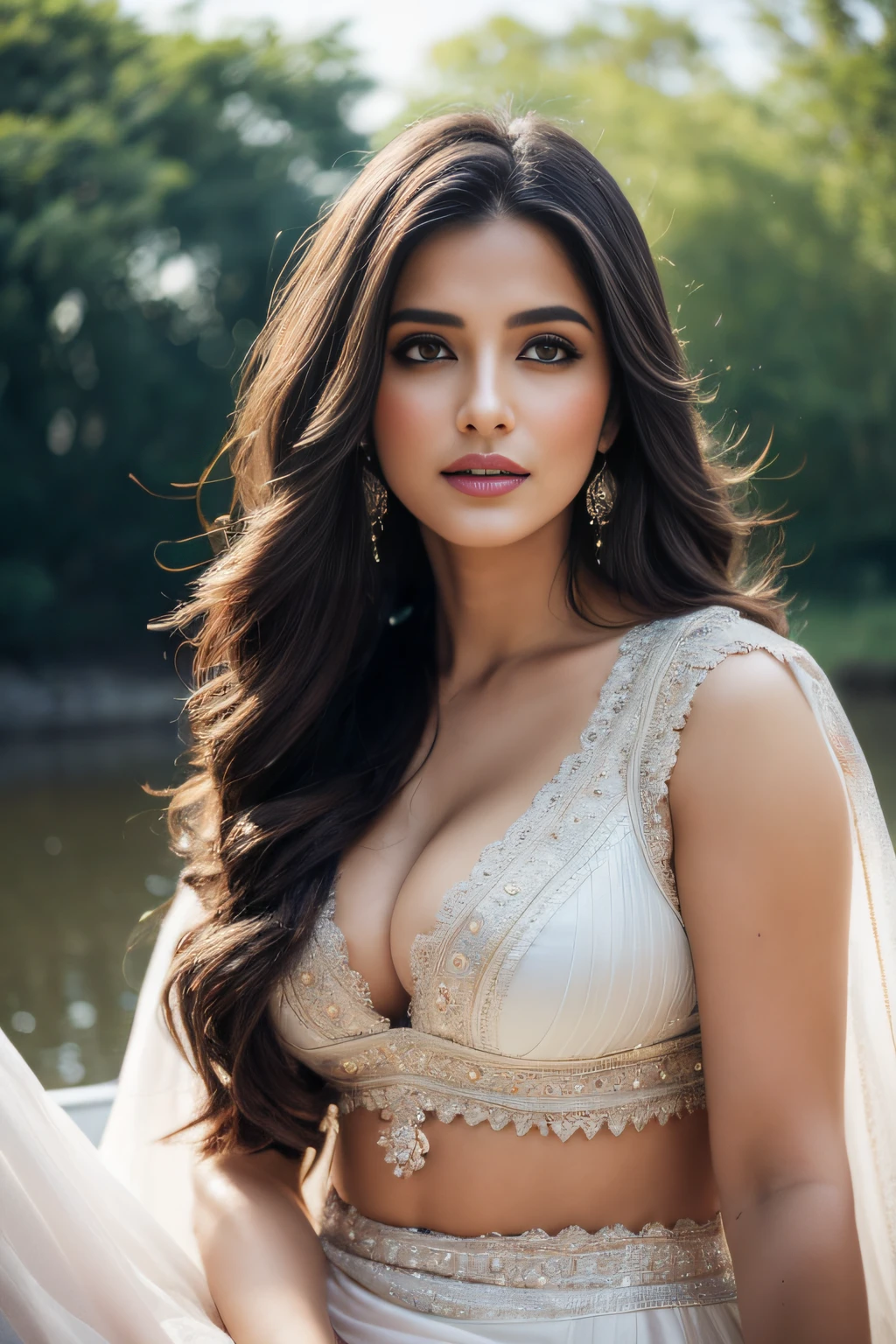 Portrait of A confident-looking indian princess from kamasutra with long flowing hair, hazel eyes, without flowing capes, Cleopatra fabric with laces, c-cup breasts, sitting in grass, water background, bokeh, perfect composition, hyperrealistic, super detailed, 8k, high quality, trending art, trending on artstation, sharp focus, studio photo, intricate details, highly detailed, art by greg rutkowski