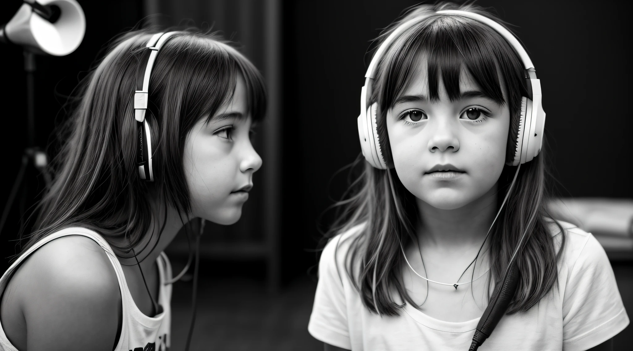 BLONDE CHILD GIRL USING A HEADPHONE , com longos cabelos cacheados e uma camisa preta,loira, bnw photo session, shot in the photo studio