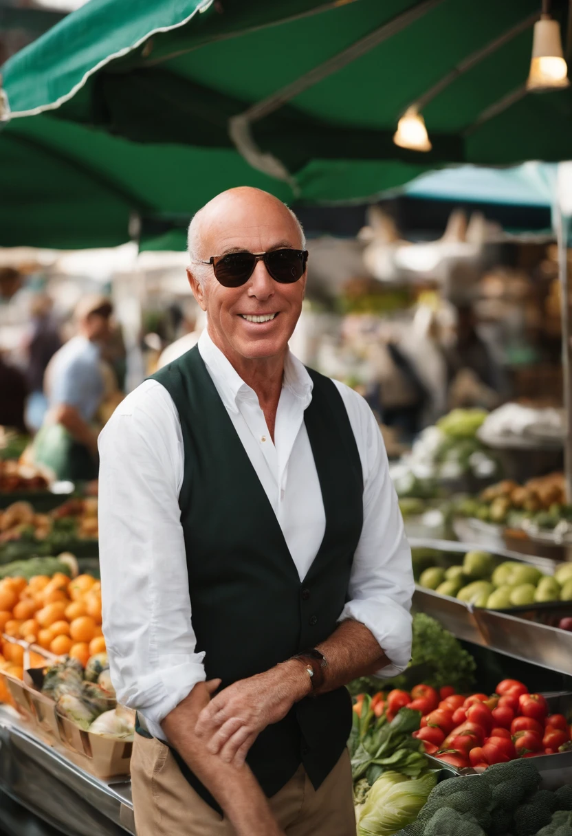 A photo of David Geffen exploring a vibrant farmers market,original,In terms of appearance, Geffen is typically seen in smart-casual attire, projecting a professional yet approachable image befitting his status as a media mogul. With a clean-shaven face, neatly trimmed hair, and a composed demeanor, he conveys a sense of quiet confidence and understated elegance.