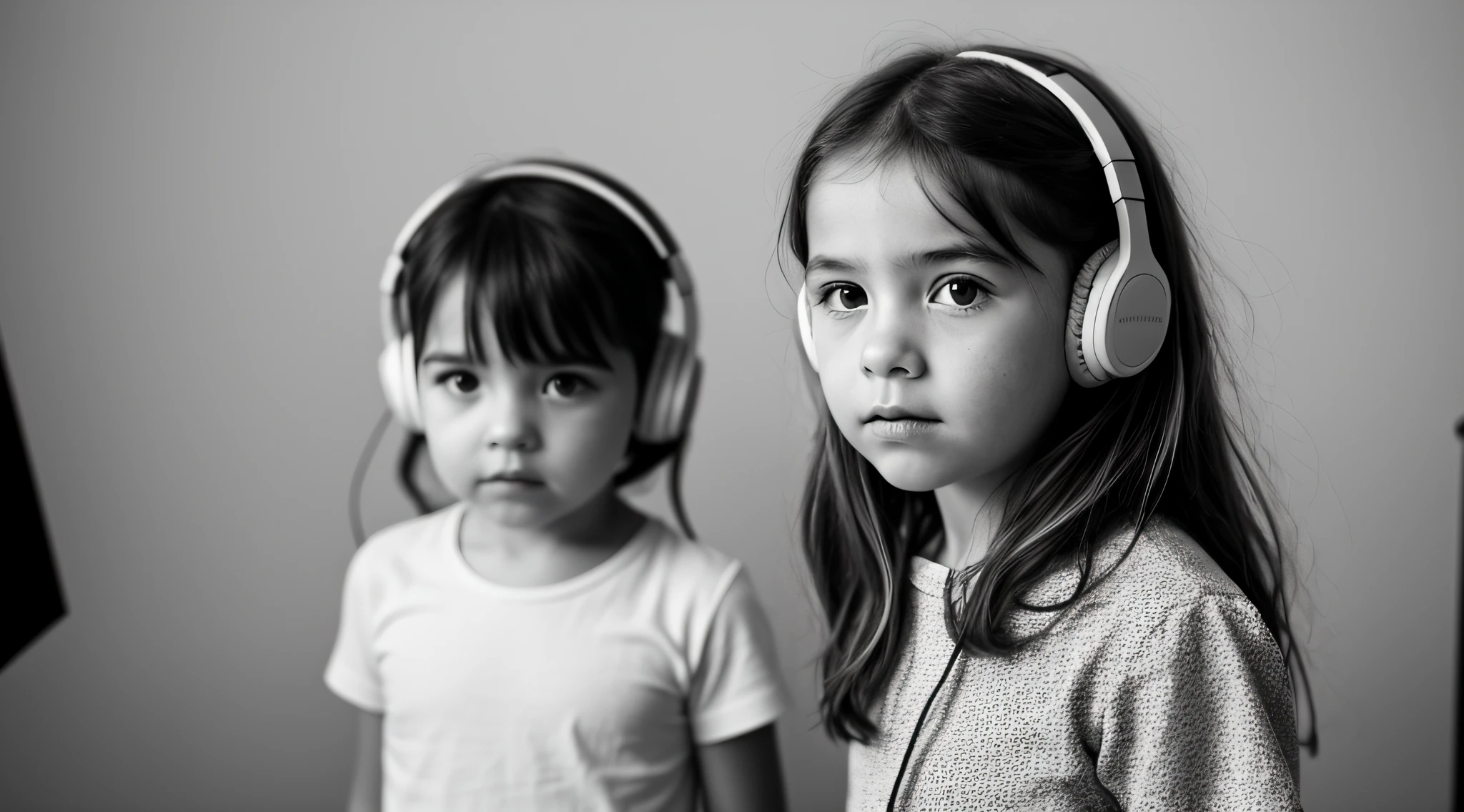 BLONDE CHILD GIRL USING A HEADPHONE , com longos cabelos cacheados e uma camisa preta,loira, bnw photo session, shot in the photo studio