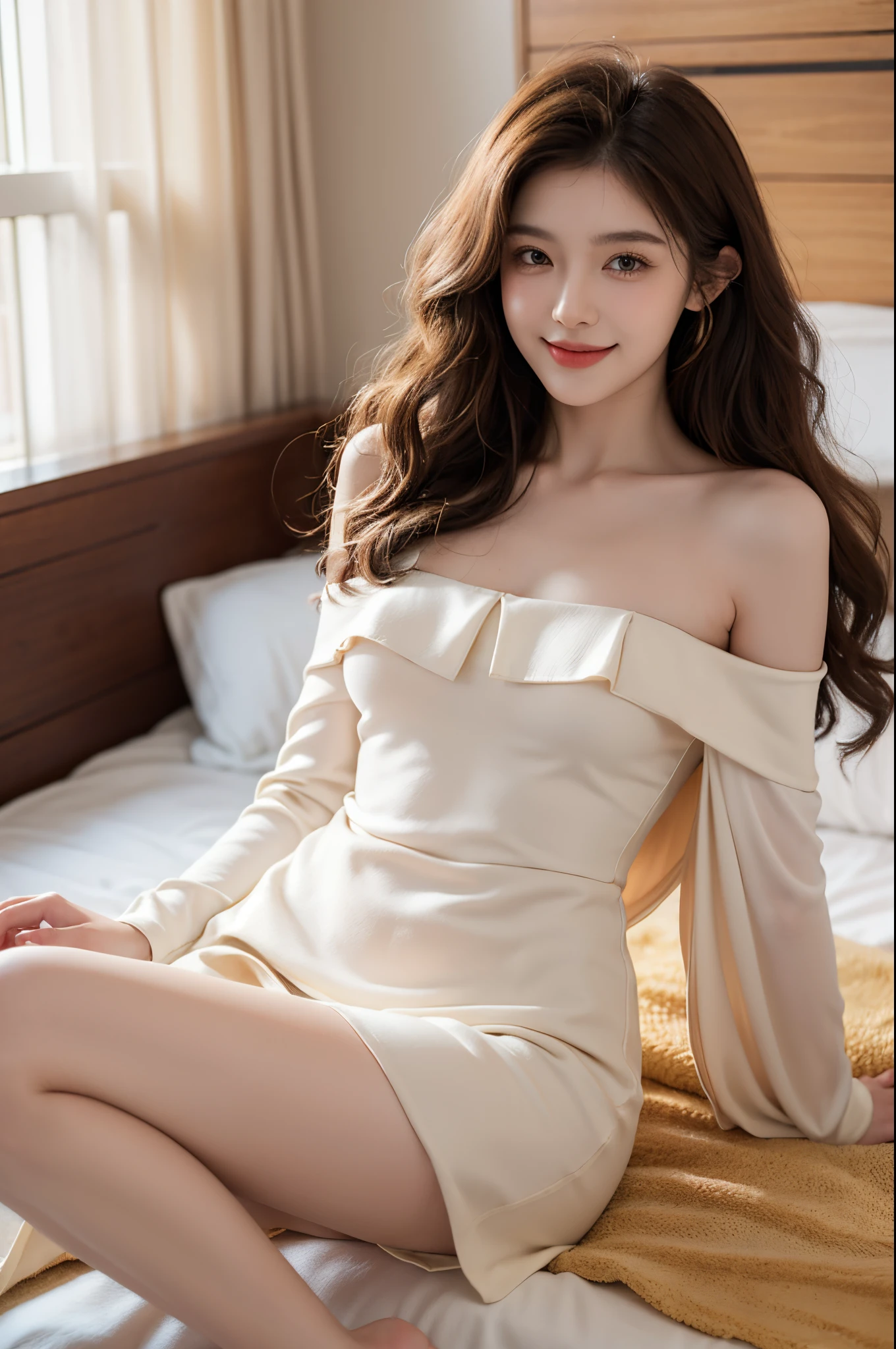 ((knee shot)), Satellite view, Bird's eye view, RAW photogr,18 year old sexy model, Cute young girl, messy hair,Smiled shyly, curlies, golden hair, Campus style, White off-shoulder one-shoulder long dress, Lie down, Lie flat on the bed, Lift the skirt, slender leg, posing elegantly, posed for photo, Surprising detail,The is very detailed, Smooth skin, a warm color palette, best qualtiy, The is very detailed, the detail