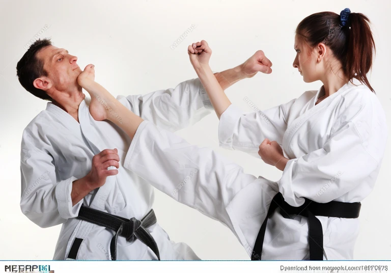 they are two people in a karate pose with their fists in the air, doing martial arts, martial arts, martial art pose, fighting posture, karate kick, karate, women fighting men, in a fighting pose, karate pose, hand to hand combat, people fighting, high kick, fighting pose, wearing a white gi, sparring, violently fist fighting, fighting each other