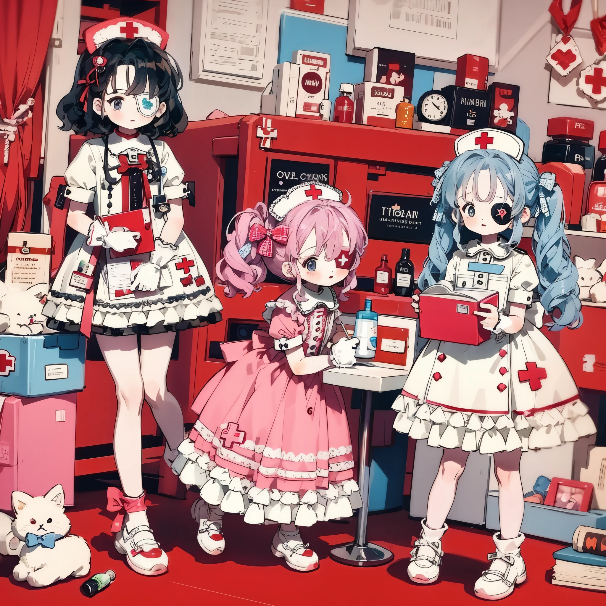Character design,Q version,tchibi,Cute,The ratio of the head to the body,clothing design,Lolita prostitute,Gorgeous dress,mitts,curlies,very intricate,Exquisite,shift dresses,Bow knot,frilld,ribbon,bandagens,Nurse style,Huge syringe,pill,Red Cross,y2k,egirl,Unilateral eye patch,Love decoration,subculture,Sick,bloods