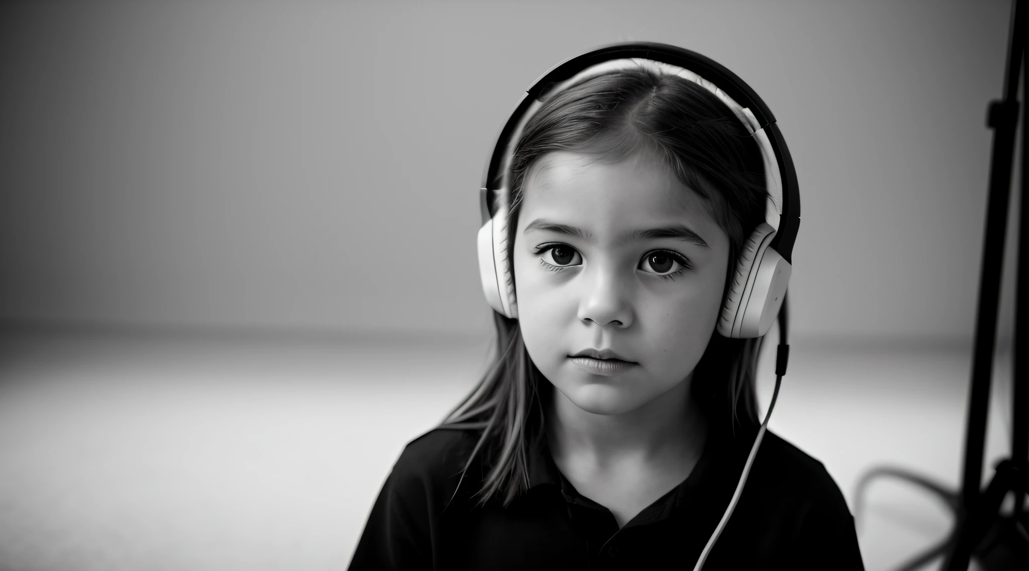 BLONDE CHILD GIRL USING A HEADPHONE , com longos cabelos cacheados e uma camisa preta,loira, bnw photo session, shot in the photo studio