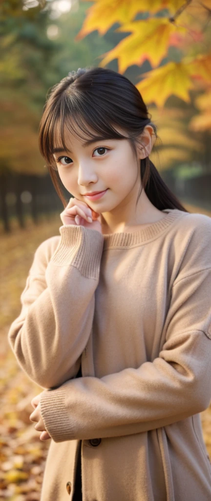 best image quality, concentrated, soft light, 10 years old, ((Japanese)), (No sleeve), (((front, young face))), (Depth of the bounds written), ultra high resolution, (realistic: 1.4 ), Raw photo, (knitted clothes), skirt, masterpiece, highest quality, (Photoreal), woman, smile, bangs