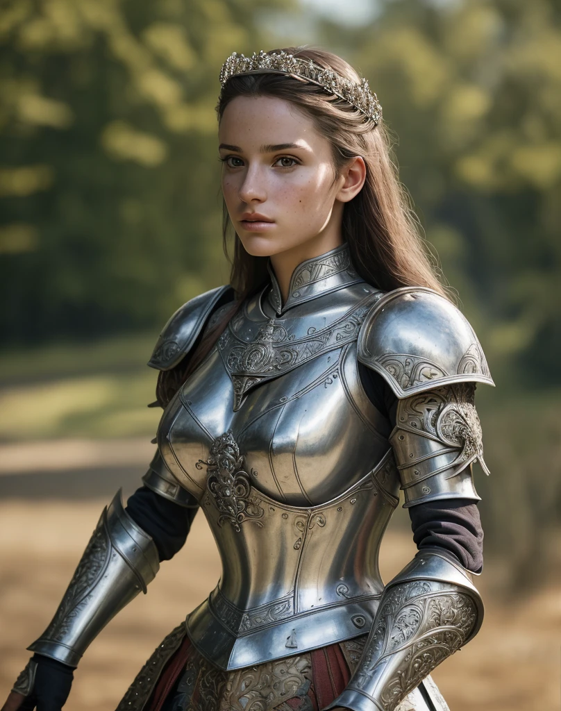 (masterpiece), (extremely intricate:1.3),, (realistic), portrait of a girl, the most beautiful in the world, (medieval armor), metal reflections, upper body, outdoors, intense sunlight, far away castle, professional photograph of a stunning woman detailed, sharp focus, dramatic, award winning, cinematic lighting, octane render, unreal engine, volumetrics dtx, (film grain, bokeh, blurry foreground, blurry background), crest on chest