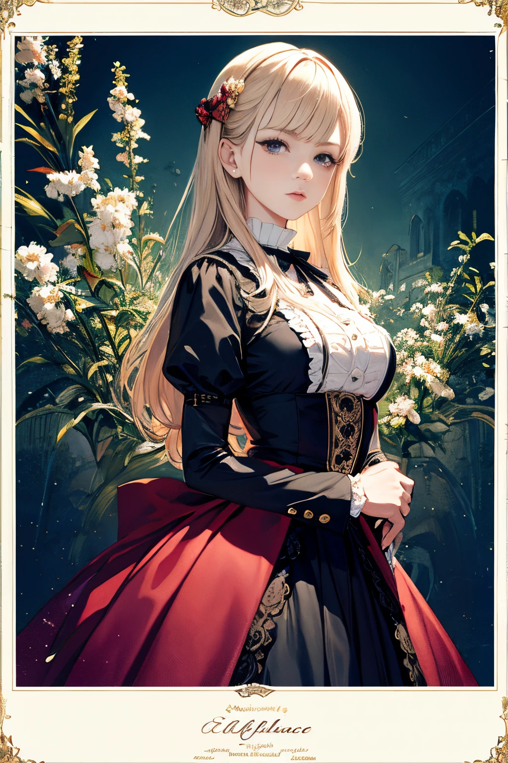 tmasterpiece:1.3), A high resolution, ultra - detailed, extremely detaild的 CG unified 8k wallpapers, poster for,on tarot cards,A woman is,16 yaers old,Wearing Victorian clothing,pale-blonde hair,Long gray hair,Lateral face,staredown,mistic,(The beautiful:2),ellegance,card border,Upper part of the body,(hight contrast:2)