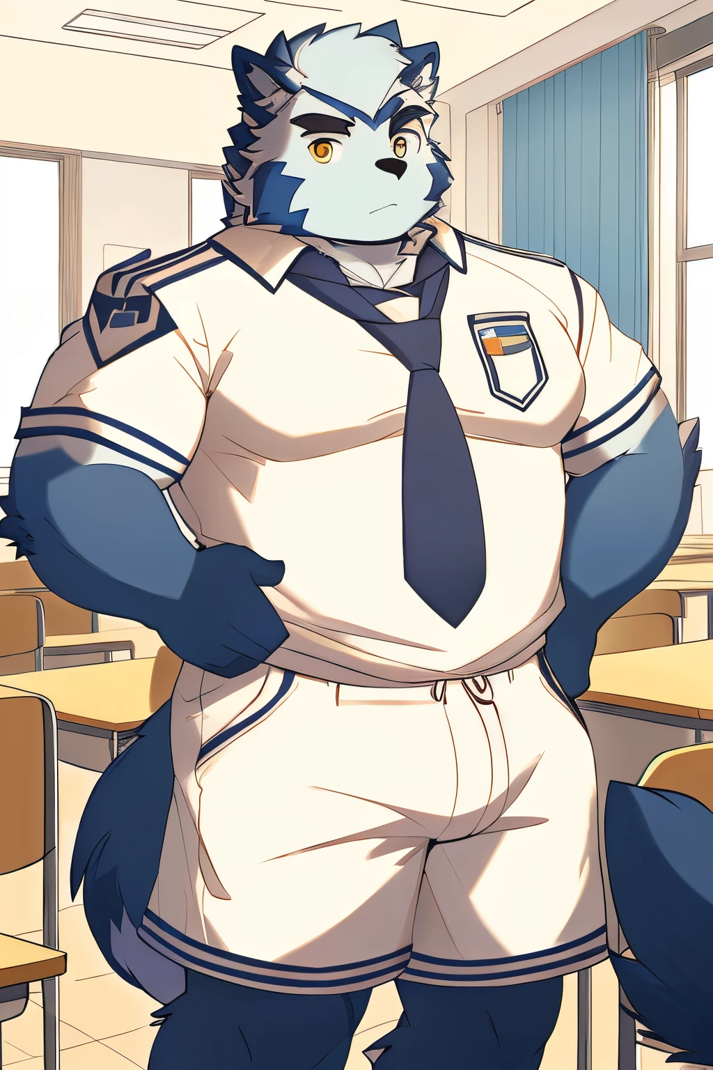 Hominidae, Photo pose. 4K, A high resolution, Best quality at best, posted on e621, (Two anthropomorphic blue wolves:1.2), male people, 20yr old, Thick eyebrows, light blue furs, extra very short hair, shaggy, Strong body, large pecs, ((White student uniform)), they have class together, Golden pupils, White skinny shorts, medium bulge, in class room, (musculous, Heavyweight:1.2), Correct anatomy, (author：Chunni, author：Taran Fidler:0.8), (詳細な目:1.2), sexy for, (Cartoon shading:1.2), Cartoon shading, serious expressions, face flushed, (view the viewer:1.2)