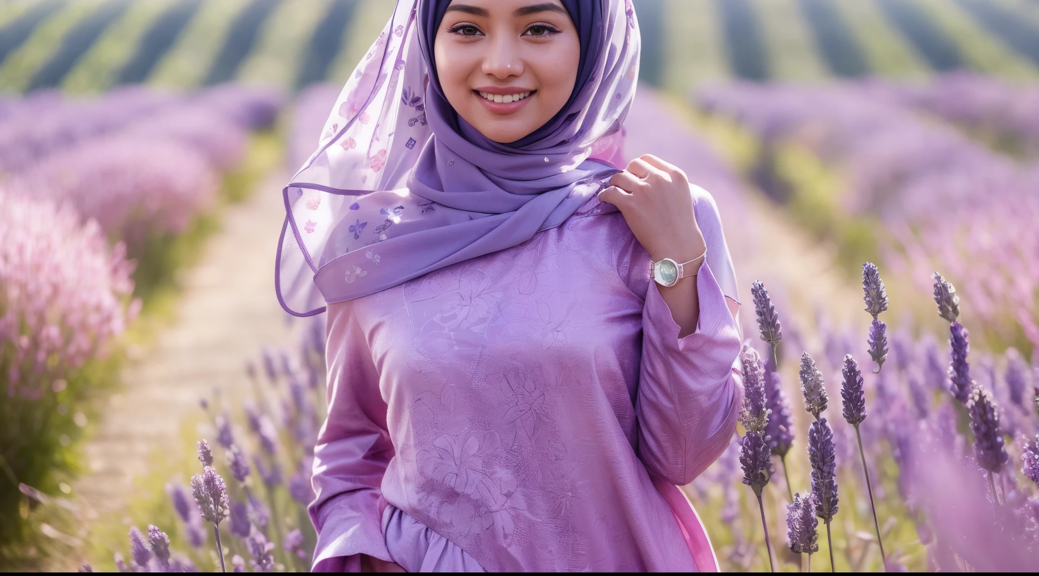 Malay girl in long hijab wear baju kurung, pastel color, walking in Lavender Fields, Provence – France , windy, blown her hijab, front view, detail skin, detail skin texture, mole below eyes, small breast, wide hips, small waist, thick thigh, slim abs, beautiful body, sunrise, laughing, happy, bright lighting, blur background, bokeh, 4k, ultra detail, high quality photo, style raw, pastel color grading, Super 8mm lense, Extreme close-up, Deep Focus cinematography effect