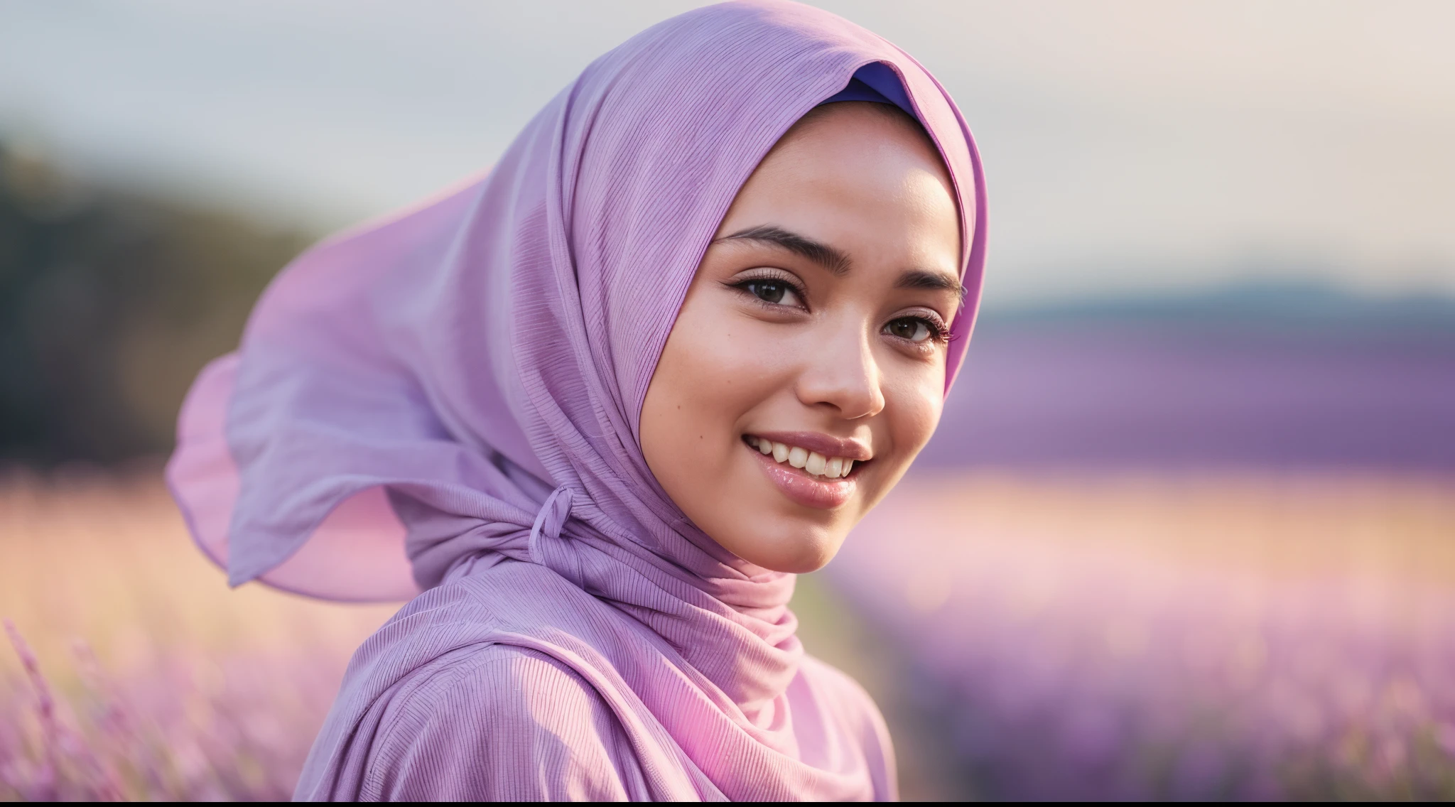 Malay girl in long hijab wear baju kurung, pastel color, walking in Lavender Fields, Provence – France , windy, blown her hijab, front view, detail skin, detail skin texture, mole below eyes, small breast, wide hips, small waist, thick thigh, slim abs, beautiful body, sunrise, laughing, happy, bright lighting, blur background, bokeh, 4k, ultra detail, high quality photo, style raw, pastel color grading, Super 8mm lense, Extreme close-up, Deep Focus cinematography effect