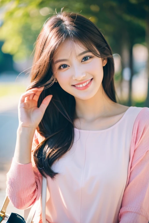 beautiful woman with good eyes and nose、Beautiful as a model、Cute like a model、Eyes are double、Usage of regular mascara、Eye color blue、Hair color pink、Her face is delicate and classy.、imagem 4k、Beautiful style like a model、Ordinary big、A refreshing and lovely smile、Yellow blouse、plain orange miniskirt、University campus on a sunny day、Pose like a model、Overall portrait、Snapshots、Grab your second bag、Glamorous、Bright smile、Beautiful and delicate face like a model、Best Quality、masuter piece、
