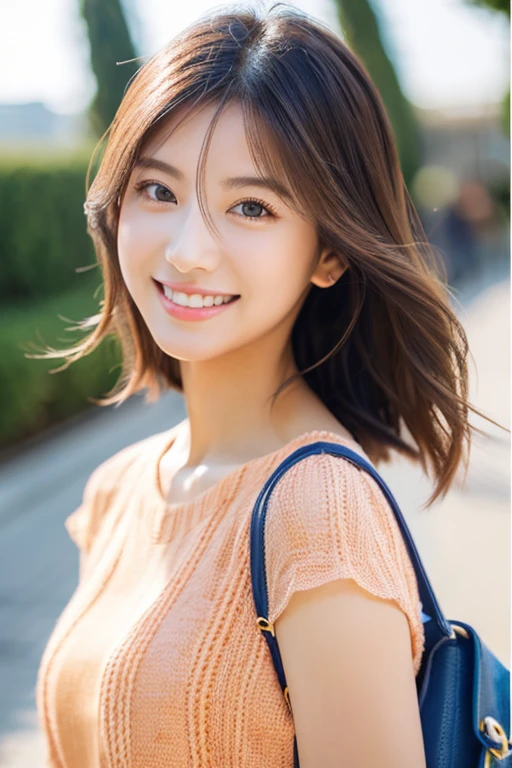 beautiful woman with good eyes and nose、Beautiful as a model、Cute like a model、Eyes are double、Usage of regular mascara、Eye color blue、Hair color pink、Her face is delicate and classy.、imagem 4k、Beautiful style like a model、Ordinary big、A refreshing and lovely smile、Yellow blouse、plain orange miniskirt、University campus on a sunny day、Pose like a model、Overall portrait、Snapshots、Grab your second bag、Glamorous、Bright smile、Beautiful and delicate face like a model、Best Quality、masuter piece、