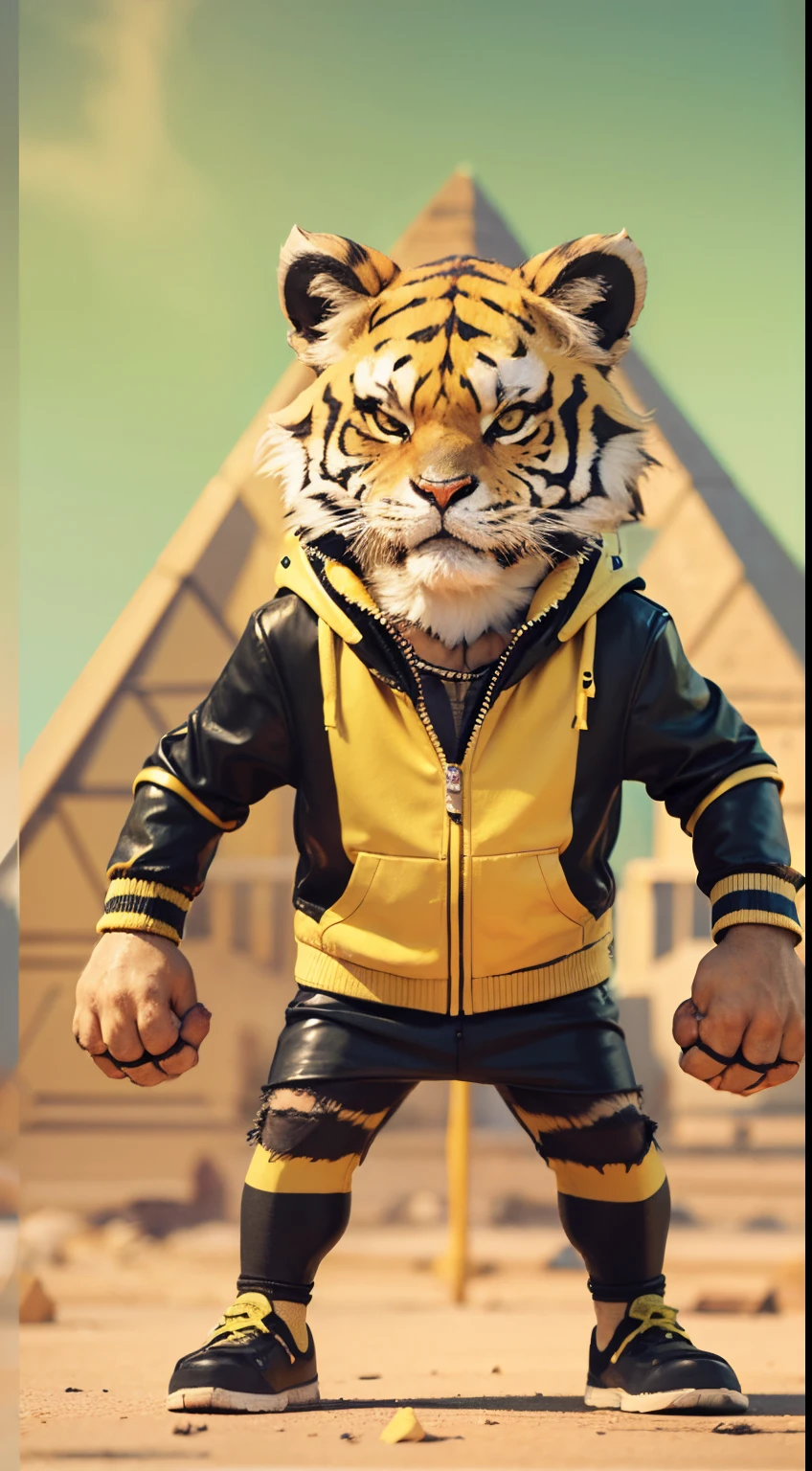 Angry Cartoon tiger with black and yellow jacket playing soccer infront of egypt pyramid, dramatic effect, smoke effect, style raw, vintage color grading, Super 8mm lense, Extreme close-up, Deep Focus cinematography effect, high quality, ultra detail, 8k