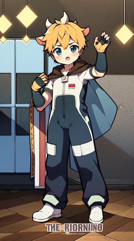 UHD, retina, masterpiece, accurate, anatomically correct, super detail, high details, high quality, award winning, best quality, highres, good anatomy, 1080P, HD, 4K, 8k, 16k, 1person, retro art style, standing up straight, facing viewer, short brown hair, eyes closed, smiling, wearing a black turtle neck jacket, wearing a white t-shirt underneath, wearing puffy shorts, tin shorts, wearing black leggings, yellow and black