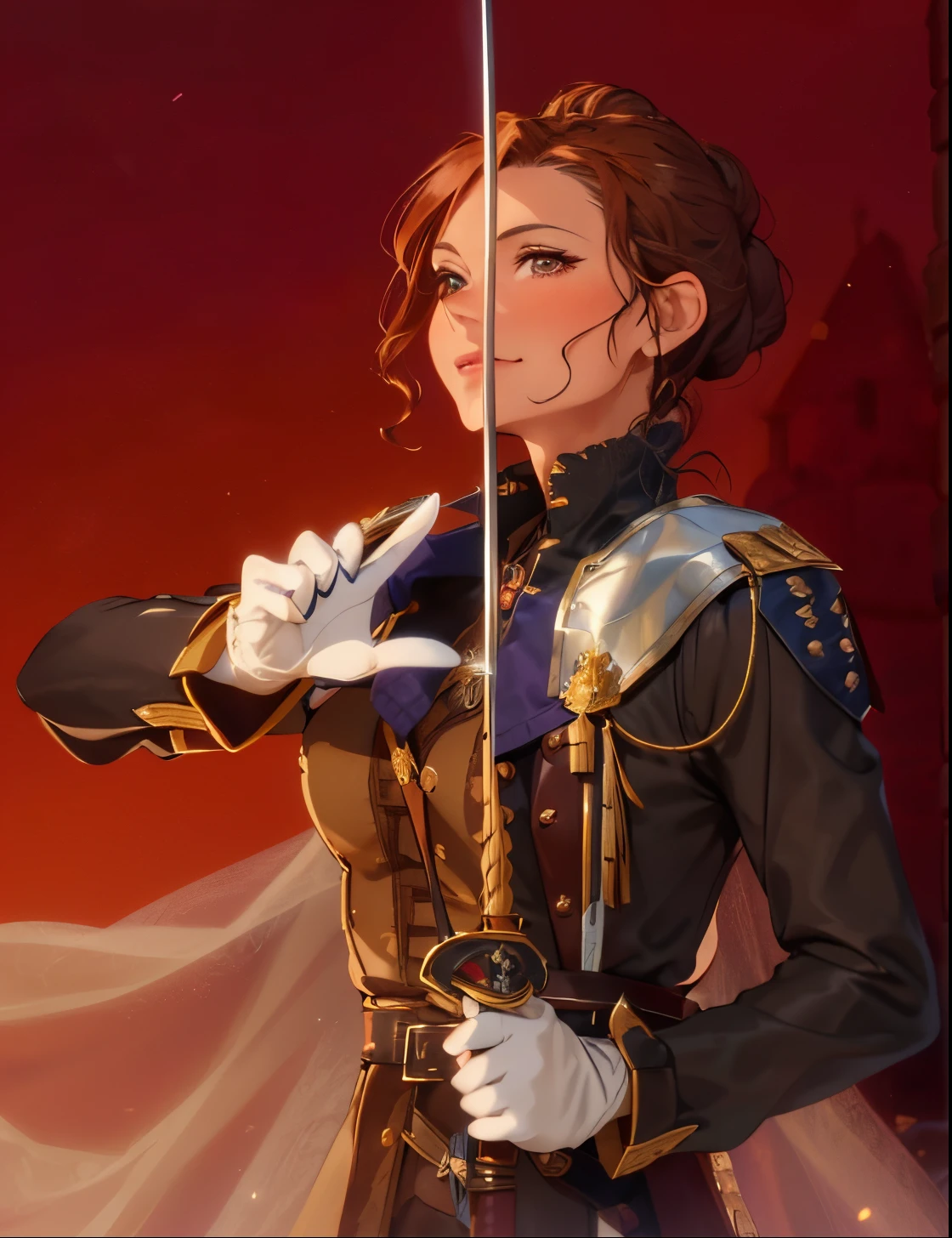 ((One french women around 40 years old, with brown curly hair tied up in a bun)), dressed in a fantasy swordsman dress, happy,wearing leather gloves, (((wearing a musketeer dress))), ((fantasy city background)), cloack, mature face, skinny, holding a rapier sword in one hand