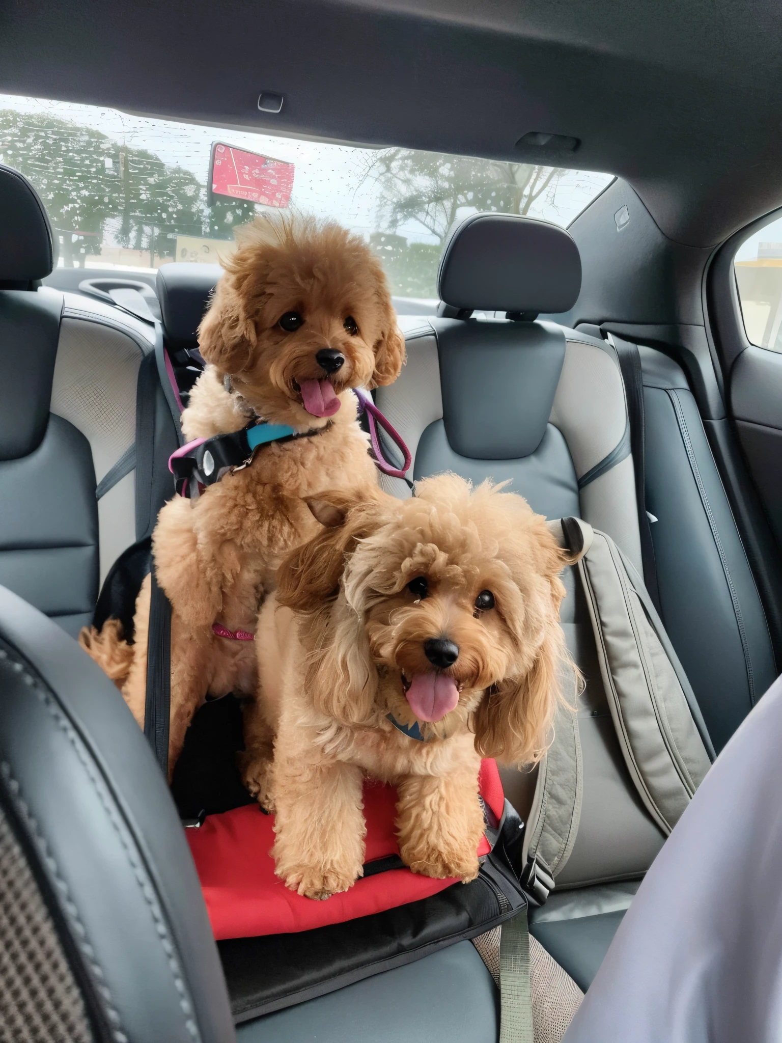 There are two dogs sitting in the back seat of a car, Filhotes vermelhos, sentada em seu carro, Two dogs, back to us, Viagem, both smiling for the camera, dogs, muito feliz!, rsrs, head-to-shoulder, carpool karaoke, Tomado com Sony Alpha 9, 🤬 🤮 💕 🎀, dois bocados, olhar orgulhoso