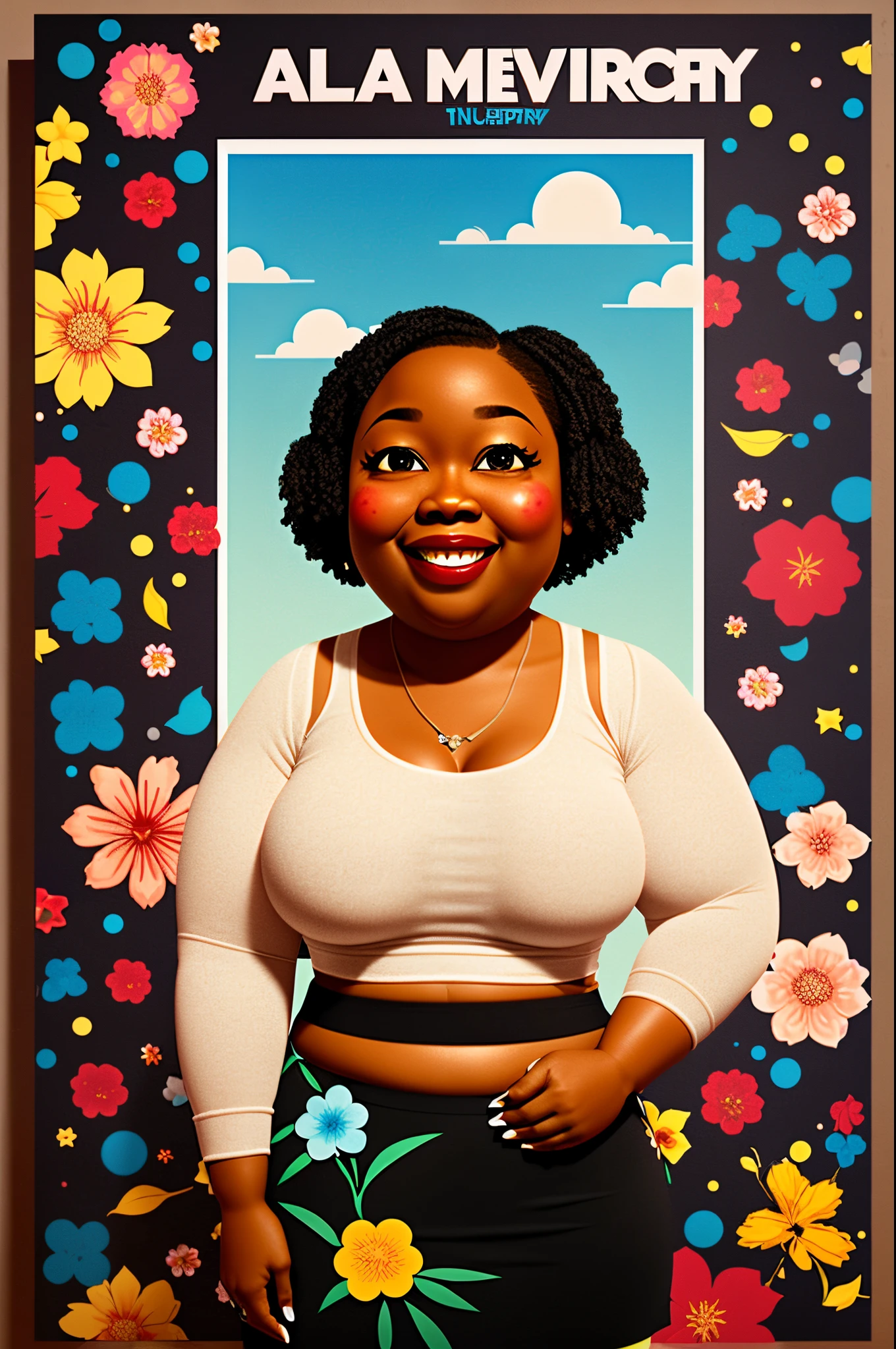 create Disney pixar inspired movies poster’s.focused on black American fat chubby lady with big smile, small eyes wearing black crop top with long floral skirt and pinch bag 3D image