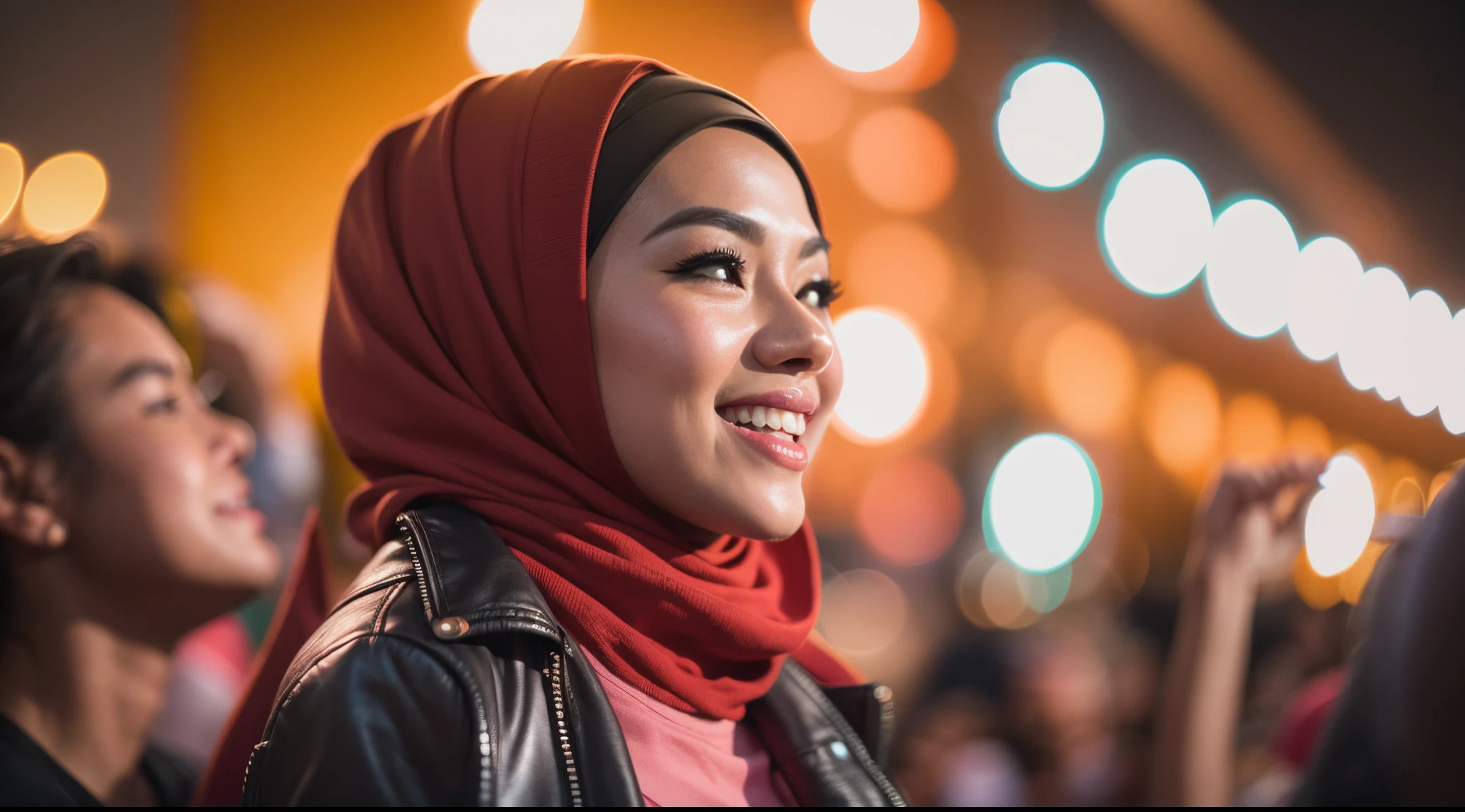Portrait photography of a beautiful young malay girl in hijab wearing red tank top with leather jacket and white jeans watching a concert, nighttime, concert background, bright lighting, smile and happy gesture,style raw, pastel color grading, Super 8mm lense, Extreme close-up, Deep Focus cinematography effect