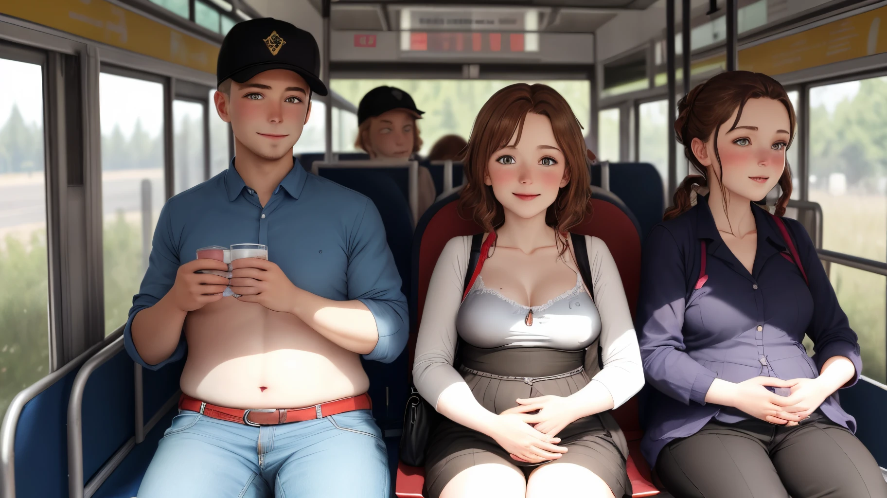 Ein Bus voller gut gelaunter junger Menschen, es ist warm, the clothes are chosen for hot summer days. Das Bild soll eine Aufnahme aus dem Mittelgang von vorne bis nach hinten zeigen.