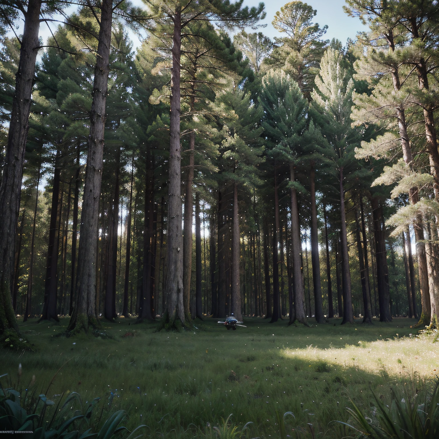 creat a digital matte painting to a giant forest with a giants trees inside the forest an male astronaut fly over the ground near a green grass in the way