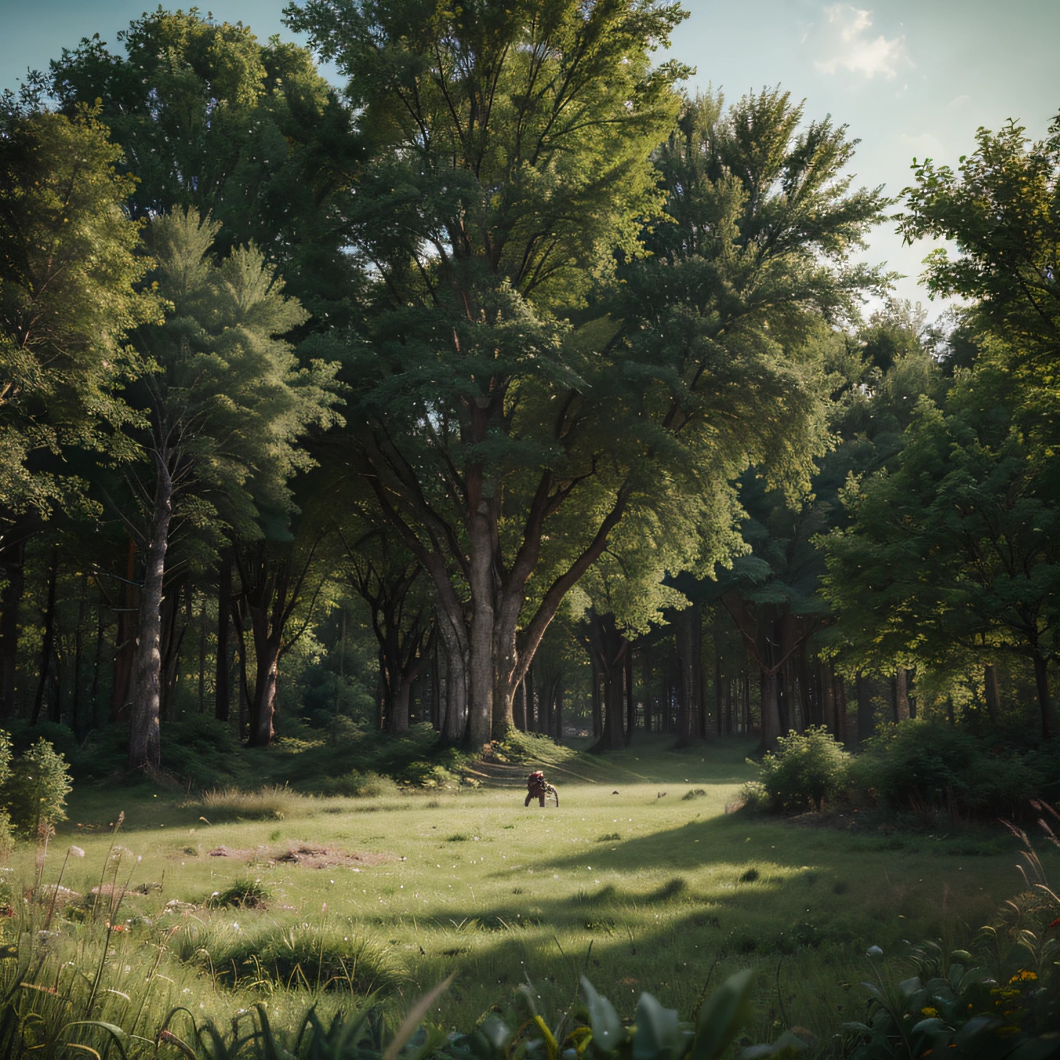 creat a digital matte painting to a giant forest with a giants trees  inside the forest an male astronaut fly over the ground near a green grass in the way