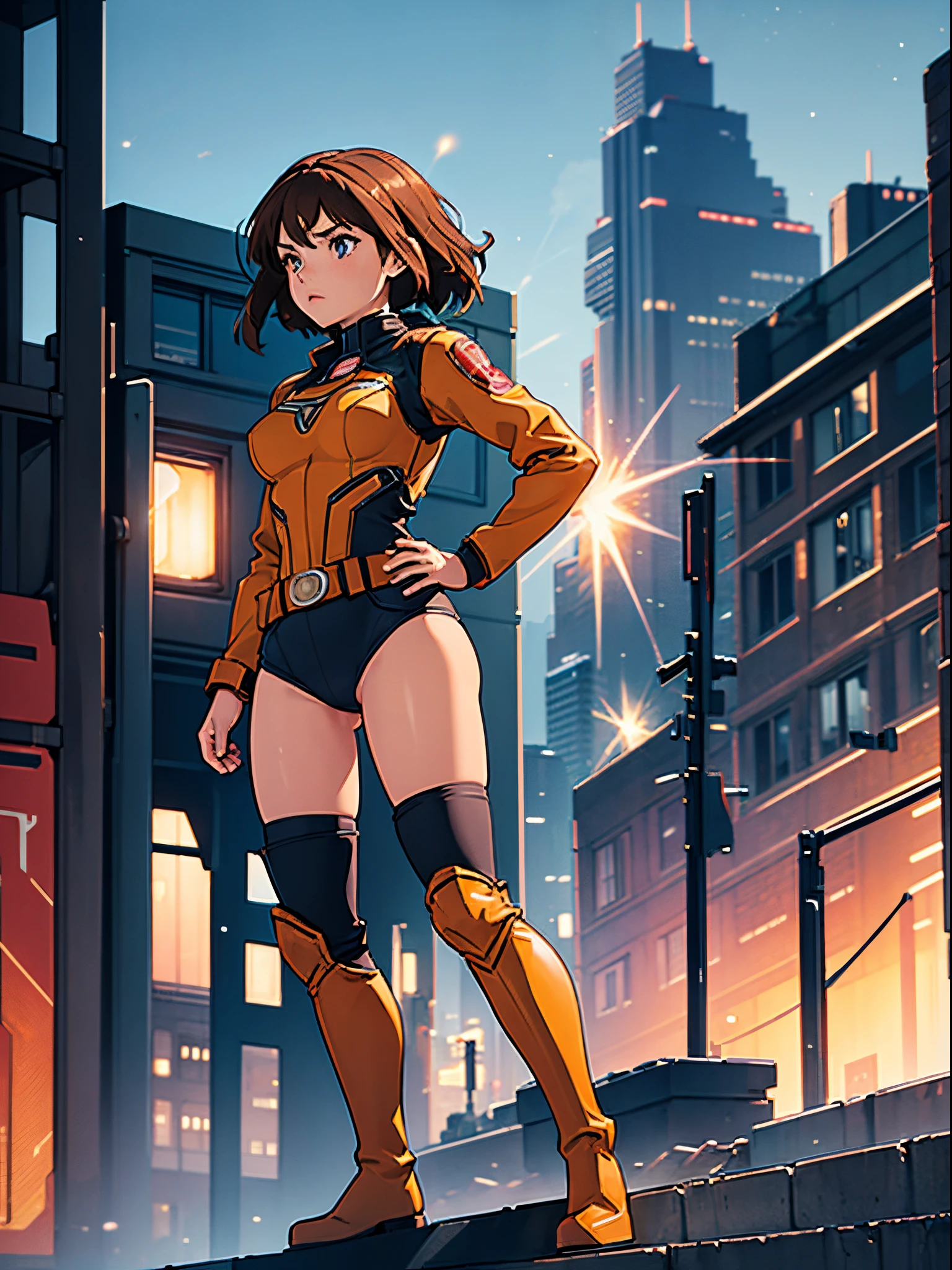 masterpiece, best quality, 1girl, superhero, leotard, bare legs, knee boots, matching boots, heroic, city backdrop, standing, body infused with energy, light particles, solo, single, cowboy shot, perfect anatomy, hand on hip, brown hair, beautiful detailed eyes, belt