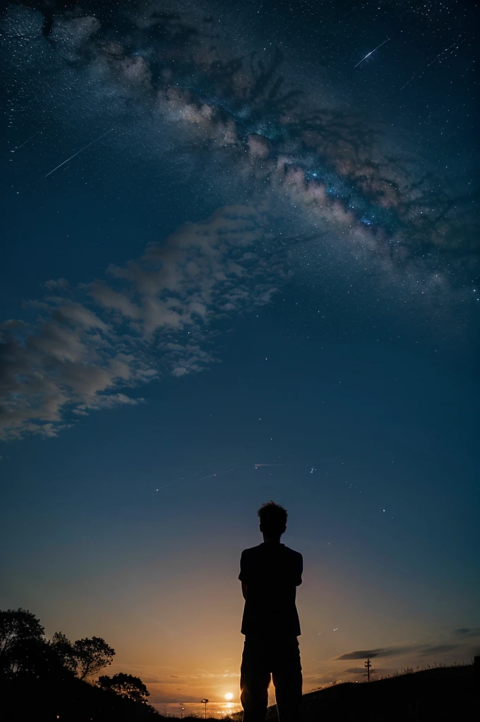 a boys silhouette watching in the sky with stars spelling out dreamer