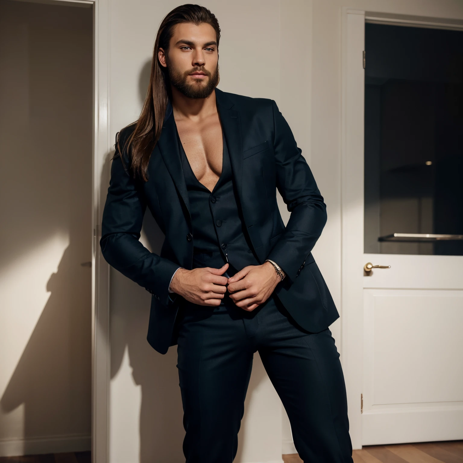 piercing blue eyes, tousled chestnut hair, a strong jawline, and a perfectly groomed beard. He stands at 6 feet tall, showcasing a fit and athletic, stylish black suit that complements his broad shoulders, and he exudes an air of confidence and allure. Ensure the lighting highlights his features, creating a captivating and sexy visual presence, open suit, penis hangout out pants,