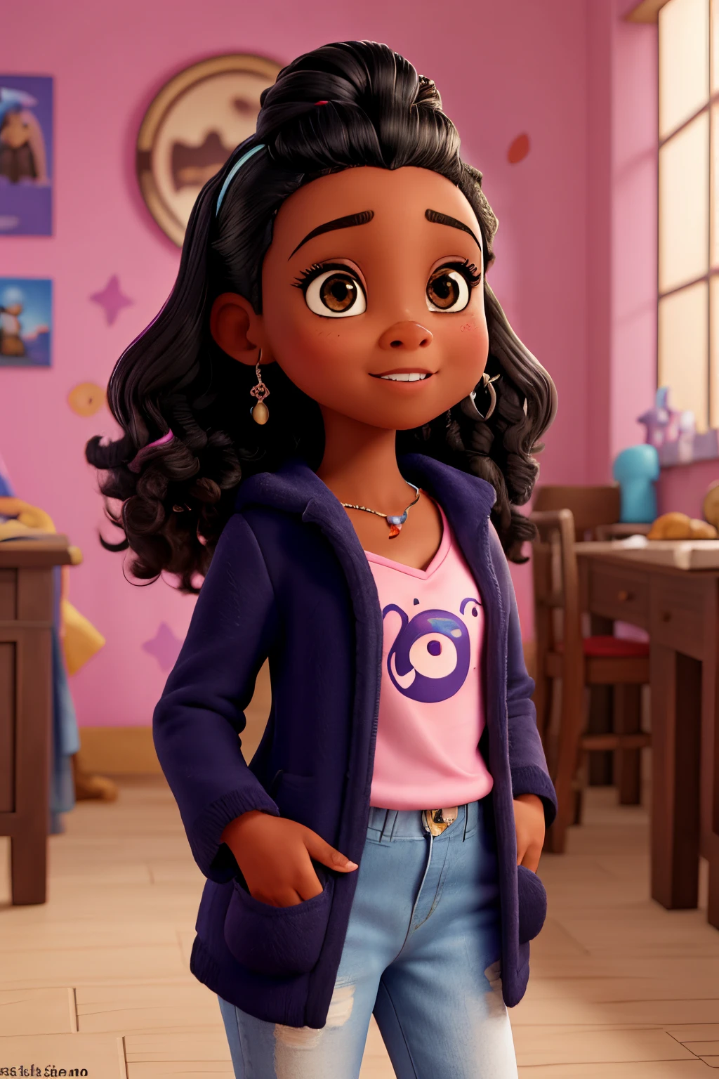 Capa de filme estilo Disney, uma mulher preta de uns 15 anos com olhos castanhos, pele escura e cabelo black curto, brincos de argola grandes, pink furry coat, blusa com um pequeno decote tirando uma selfie