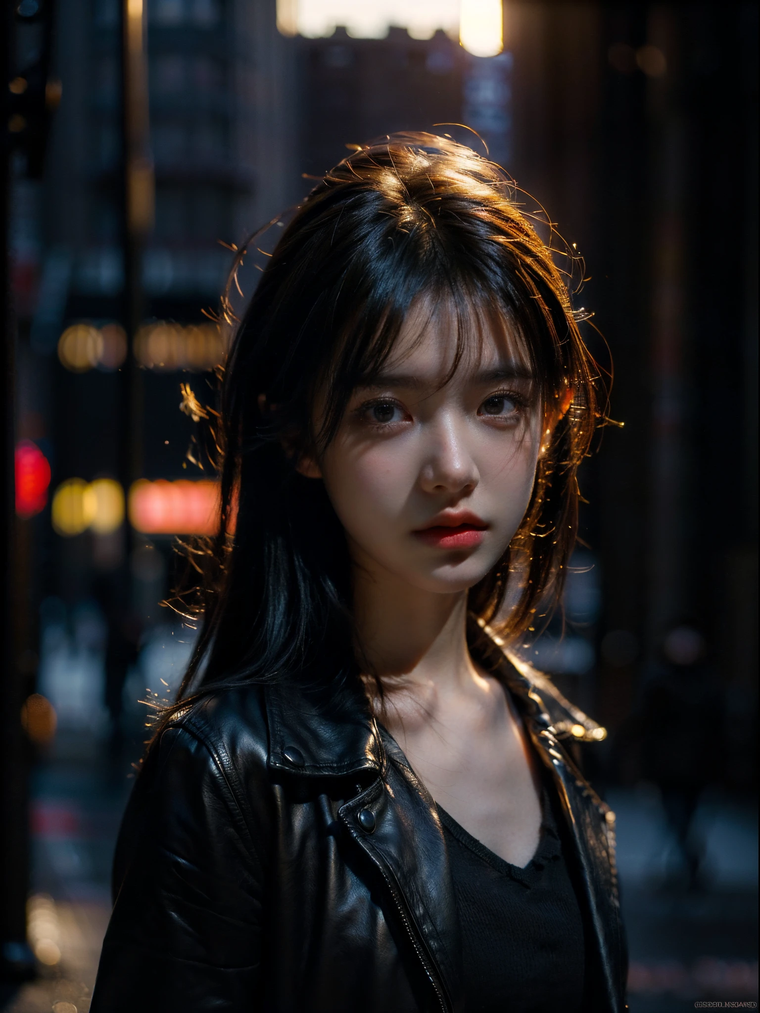 1girl, (looking at viewer:1.2), detail face, (a girl standing, rending on cgsociety, black shadows, streaming, new york backdrop), romanticism, atmospheric, (RAW photo, best quality), (realistic, photo-realistic:1.3), masterpiece, an extremely delicate and beautiful, extremely detailed,
