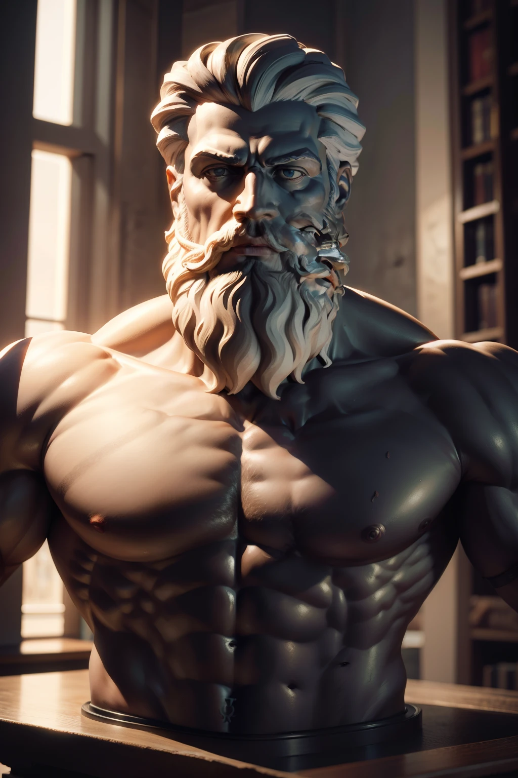 Greek philosopher statue with beard and muscles, cinemactic, 8k, Breckground escuro