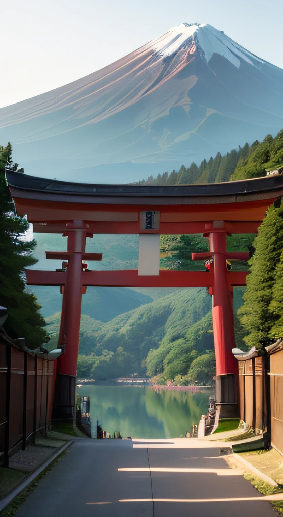 A view of Mt. Fuji in Japan inside the torii gate,torii gate,Rich in nature,Mare,lake