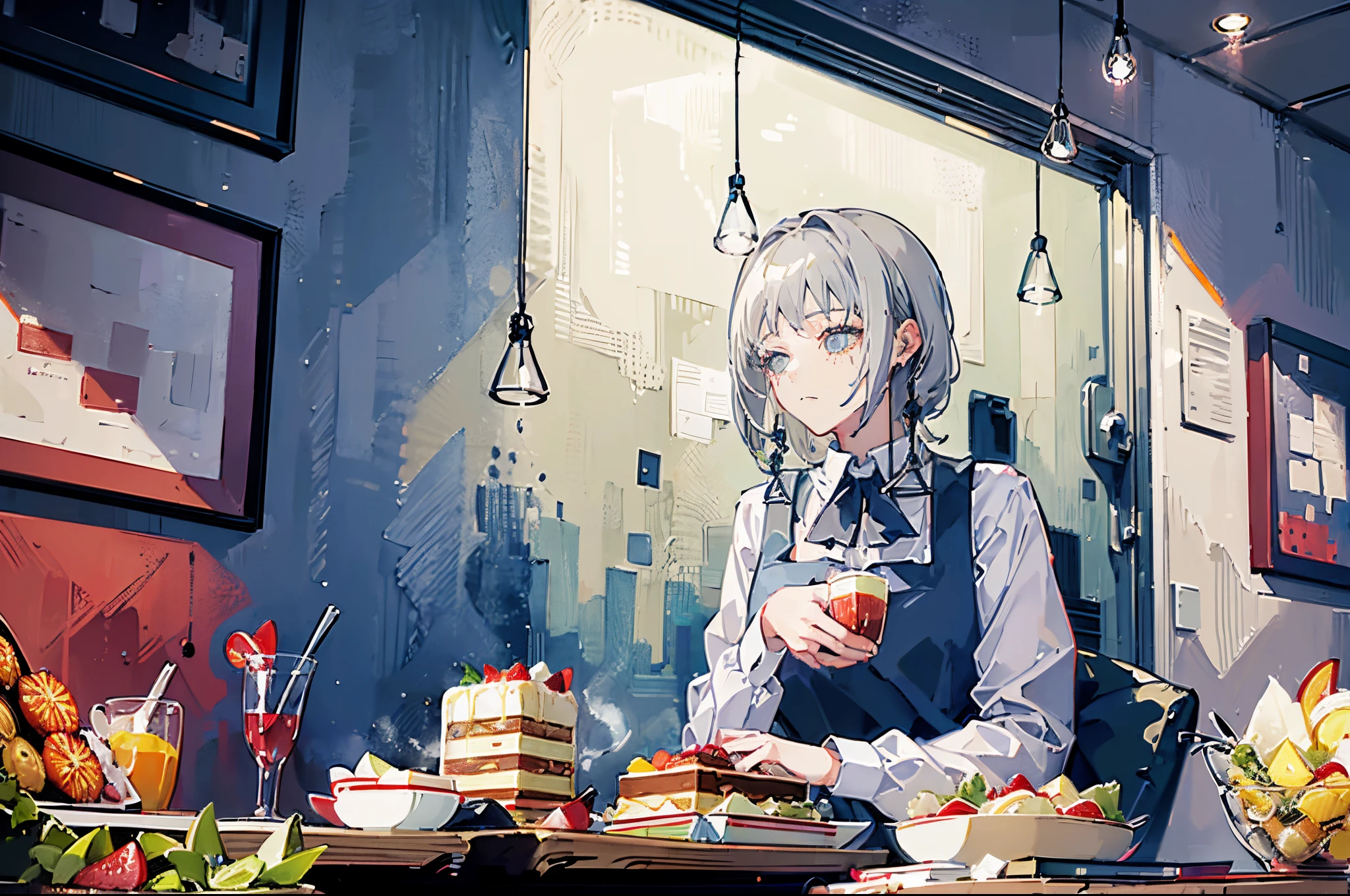 (masterpiece, top quality, best quality,official art, beautiful and aesthetic:1.2),(1girl:1.3), long gray hair, eating a lots of cakes