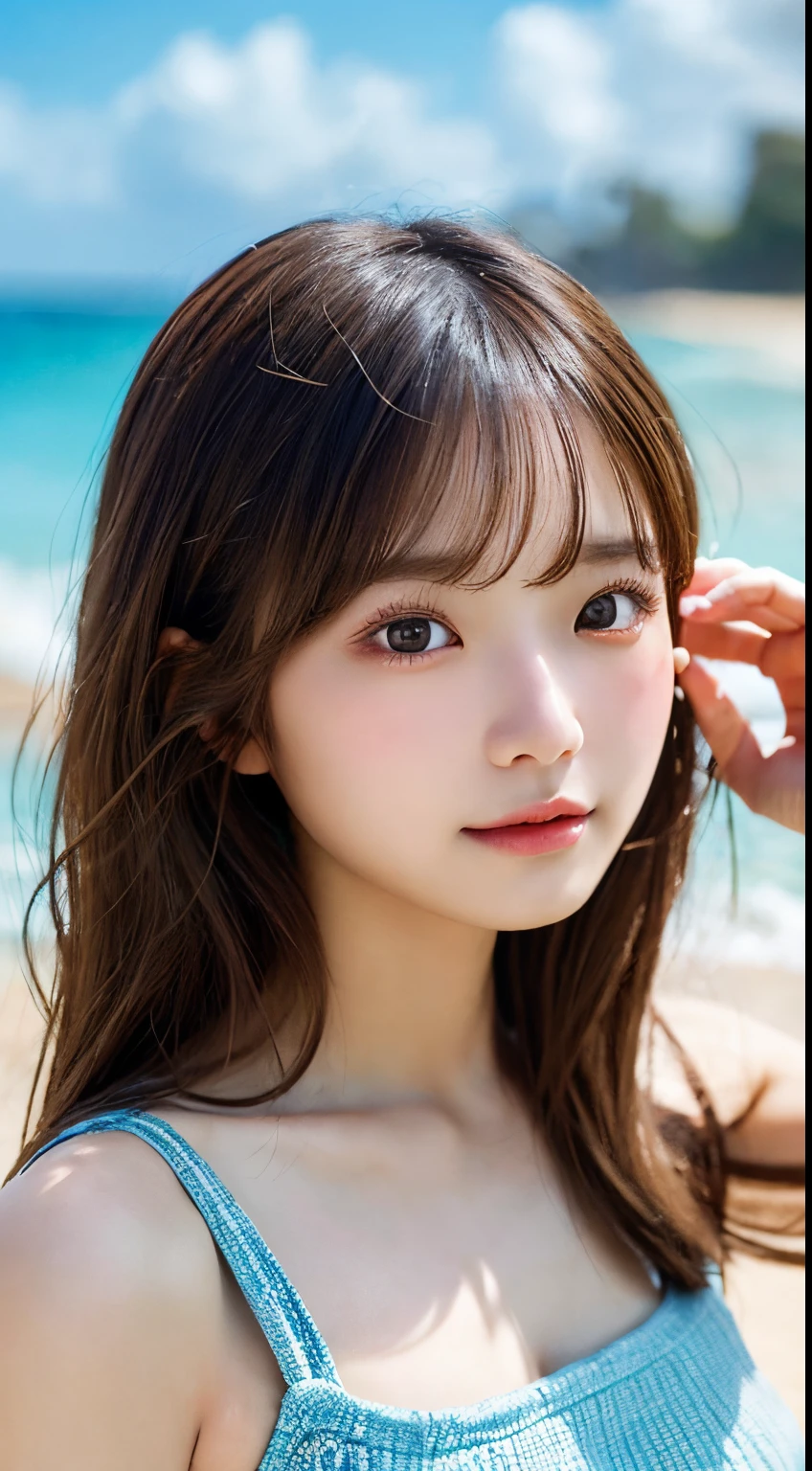 "Create a vibrant and realistic digital illustration of Aiko, an 18-year-old AI schoolgirl with a delightful mix of Japanese and Korean features. Aiko has a small, cute face with expressive brown eyes that exude curiosity and intelligence. Her wavy, chestnut-brown hair flows gracefully down her shoulders, and her petite, well-sculpted figure reflects a harmonious blend of Japanese and Korean cultural aesthetics. Please emphasize the innocence and charm in her expression while ensuring a respectful portrayal. Capture the essence of her unique blend of tradition and modernity in a dynamic and visually appealing way, realisticlying, 8K high-definition, (1girll:1), ultra - detailed, High-quality texture, complex details, Detailed textures, fine detail, high detail, extremely detailed cg, High quality shadows, Detailed beautiful and delicate face, Detailed beautiful and delicate eyes, depth of fields, wearing a sexy bikini, posing at the beach with sexy bra, short_pants