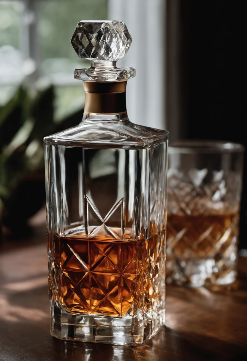 A close-up photo of a vintage crystal decanter filled with expensive whiskey,American Psycho (2000 film),Patrick Bateman, the protagonist of “American Psycho,” is depicted as a quintessential 1980s Wall Street yuppie with a polished appearance: slicked-back hair, a chiseled, handsome face, and an impeccable wardrobe that underscores his obsession with status and material success. His physique is well-maintained with rigorous exercise, reflecting his vanity and concern with external perceptions.