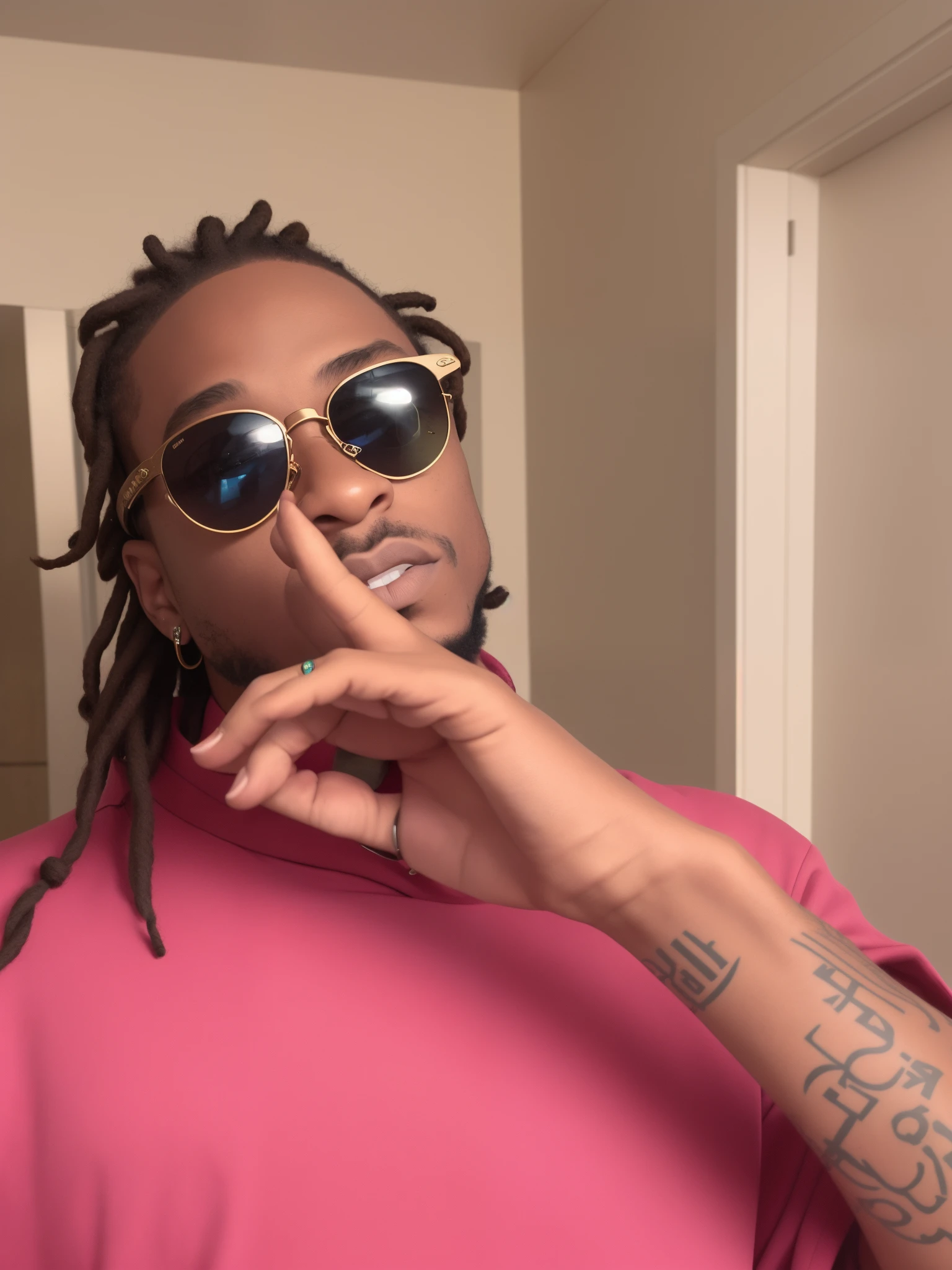 there is a man with dreadlocks and sunglasses making a gesture, looking heckin cool and stylish, trippie redd, sakuga gunplay, aaron sims, taken in the early 2020s, wearing versace sunglasses, wearing shades, profile shot, new album cover, rodney matthew, ray gods, gunplay, with a cool pose, profile image, thug life