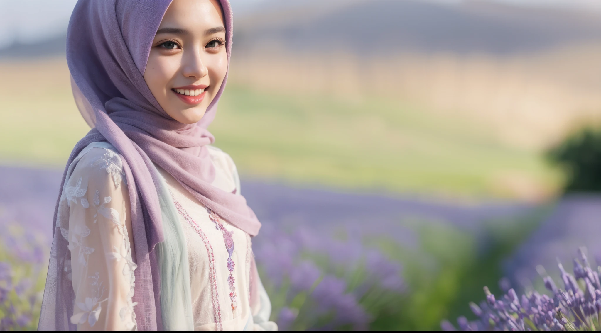 Malay girl in long hijab wear baju kurung, pastel color, walking in Lavender Fields, Provence – France , windy, blown her hijab, front view, detail skin, detail skin texture, mole below eyes, small breast, wide hips, small waist, thick thigh, slim abs, beautiful body, sunrise, laughing, happy, bright lighting, blur background, bokeh, 4k, ultra detail, high quality photo, style raw, pastel color grading, Super 8mm lense, Extreme close-up, Deep Focus cinematography effect