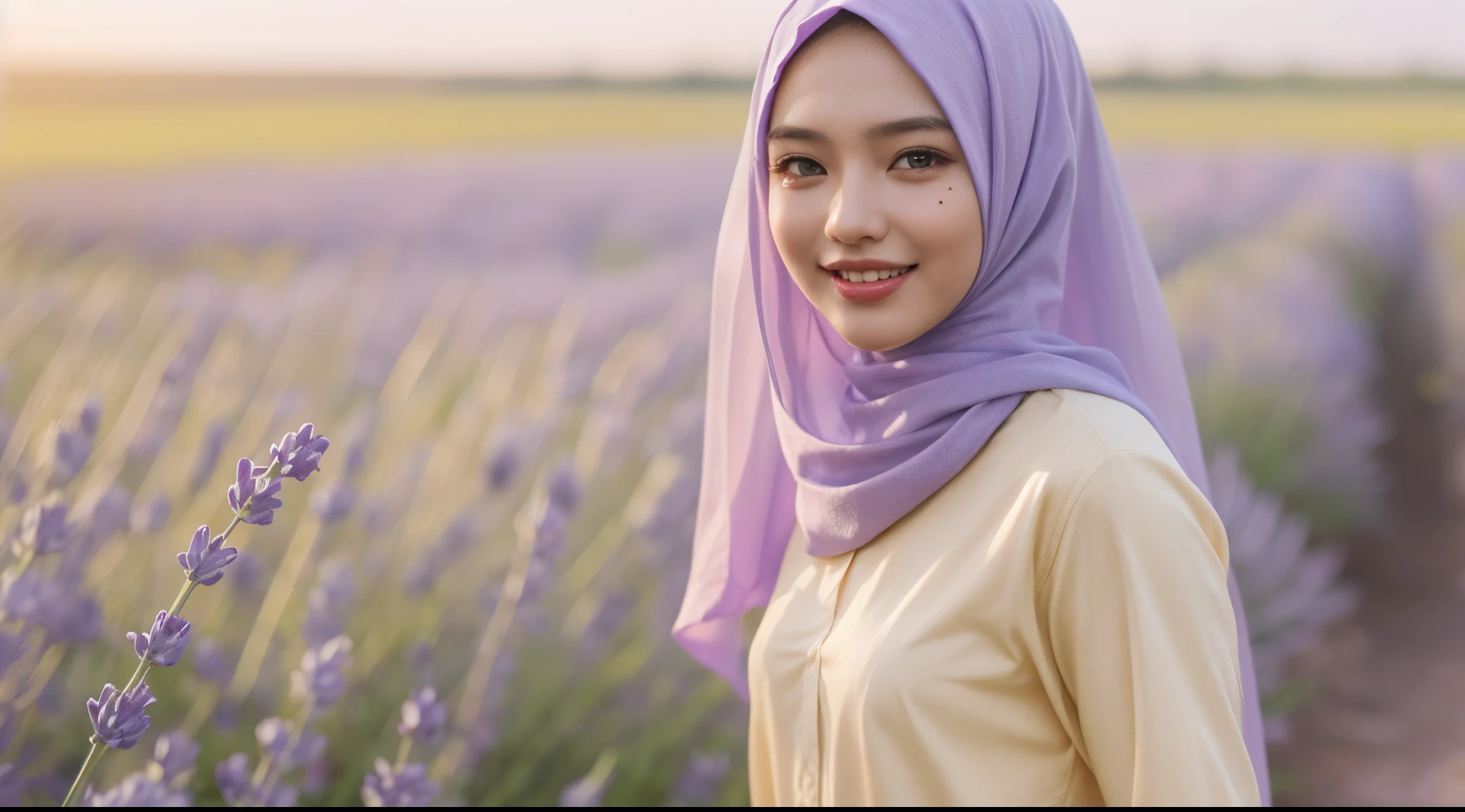 Malay girl in long hijab wear baju kurung, pastel color, running in Lavender Fields, happy, Provence – France , windy, blown her hijab, front view, detail skin, detail skin texture, mole below eyes, small breast, wide hips, small waist, thick thigh, slim abs, beautiful body, sunrise, laughing, happy, bright lighting, blur background, bokeh, 4k, ultra detail, high quality photo, style raw, pastel color grading, Super 8mm lense, Extreme close-up, Deep Focus cinematography effect