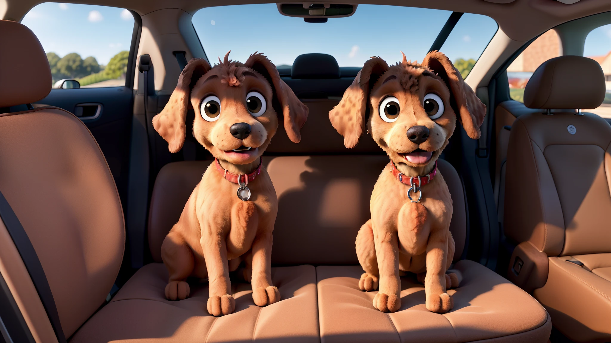 Obra-prima, de melhor qualidade, dois poodles toy, marrons, sitting in the back seat of the car, felizes