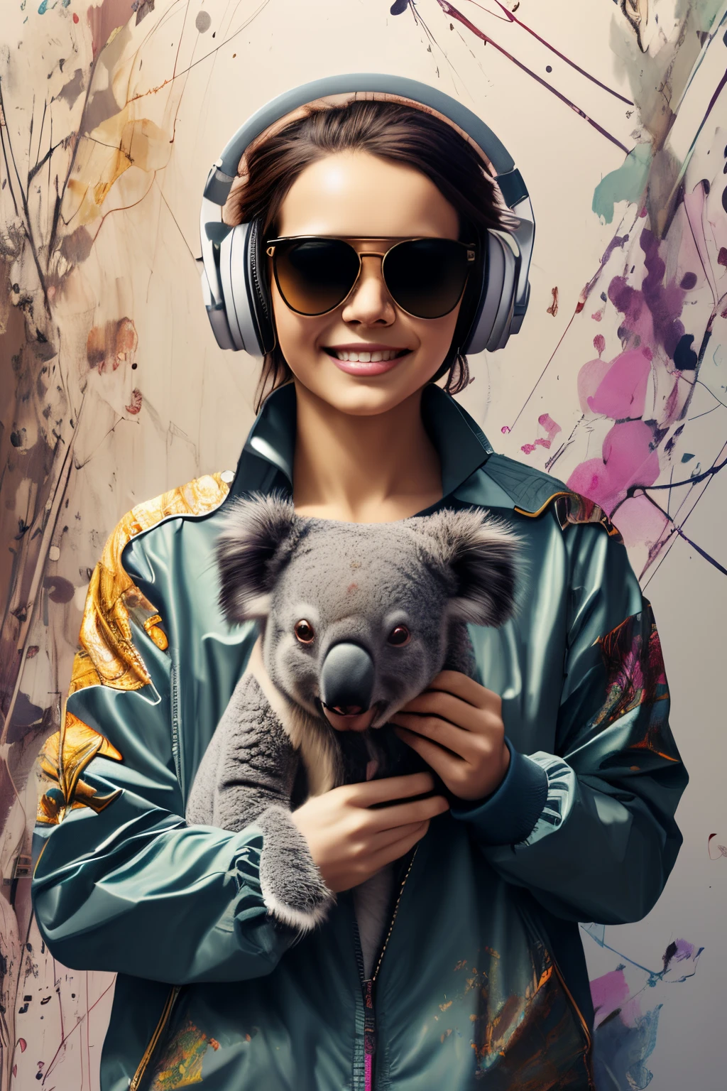 Perfect centering, Cute koala, Wear a student team jacket, Wearing sunglasses, Wearing headphones, cheerfulness, Standing position, Abstract beauty, Centered, Looking at the camera, Facing the camera, Approaching perfection, Dynamic, Highly detailed, Smooth, Sharp Focus, 8K, hight resolution, Illustration, art by carne griffiths and wadim kashin, White background