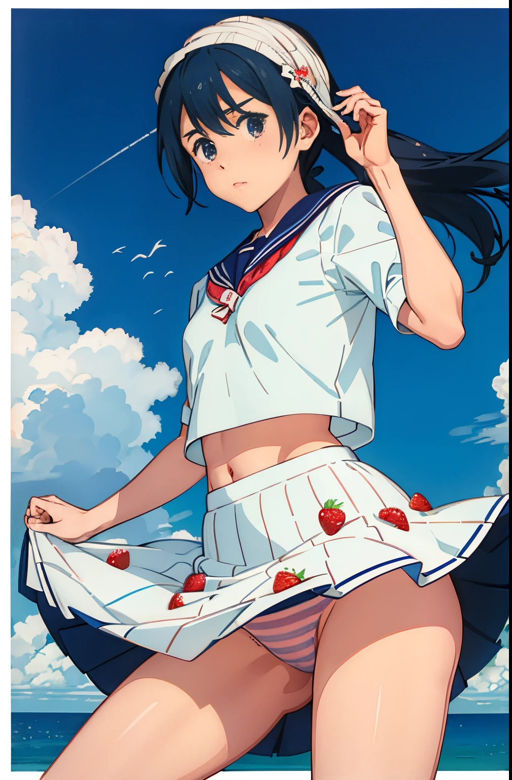 Shyness、embarrassed from、Small white transparent strawberry panties visible from the skirt、animesque、frombelow、low angles、opens legs、a sailor suit、Strawberry print panties、from the rear、perfect buttocks、‎Classroom、Schools、Dynamic Pose