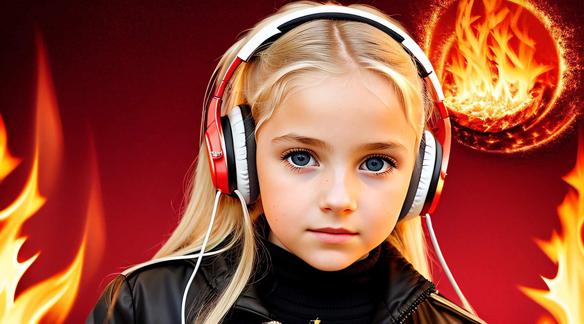 girl BLONDE CHILD, golden eyes, platinum haired girl, there is a woman with headphones and a red background, on fire, flames in the background, flames surround her, fire and flames and smoke, portrait shot, promotional art, red flames in the background, background art, wearing tumultuous flames, flames in the background, closeup portrait photo, Girl wearing headphones, loud music, hair made of fire, music, fiery atmosphere