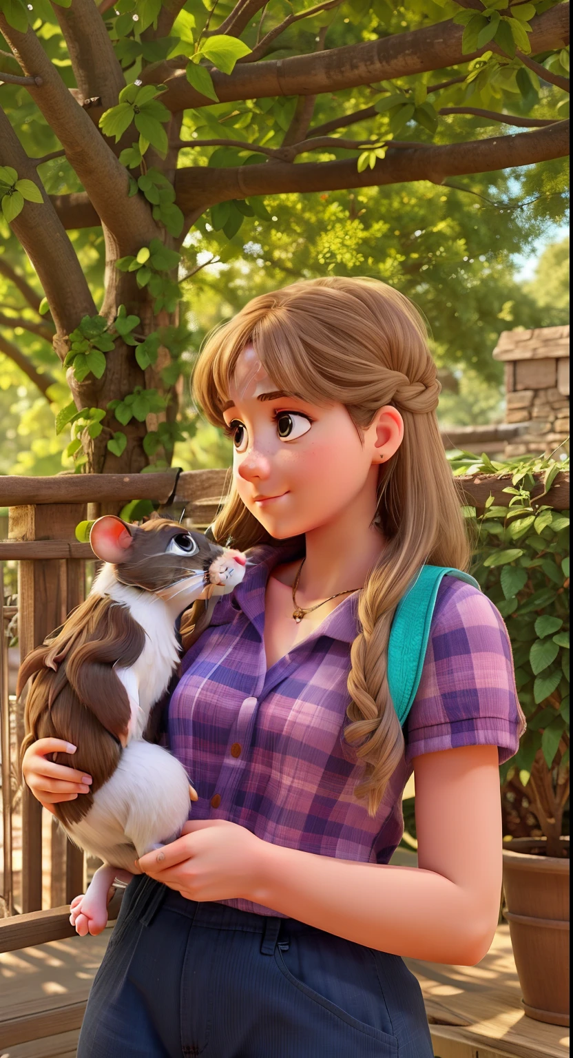 Girl holding and looking down at rat