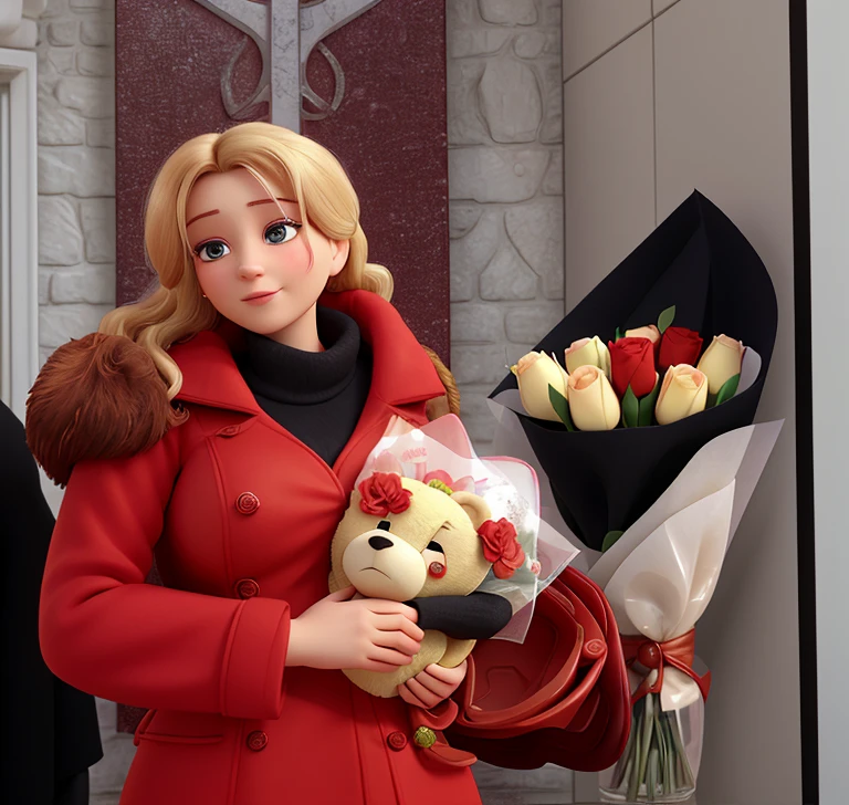woman in red coat holding a bouquet of flowers and a teddy bear, yelena belova, marina federovna, by Maksimilijan Vanka, irina nordsol kuzmina, maria panfilova, magdalena radziej, moleksandra shchaslyva, anna podedworna, nadezhda tikhomirova, r - mk