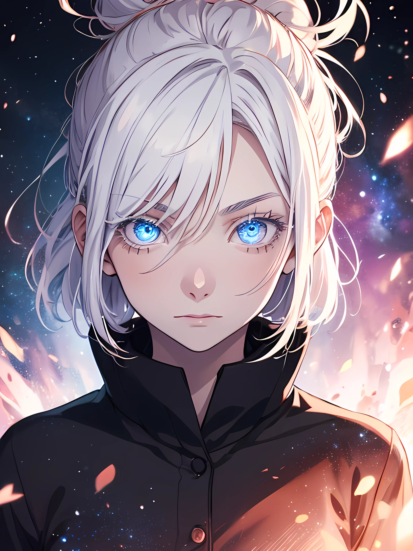 Woman, age 18, white hiar, hair bun, white eyebrows, white eyelash, white eyelashes, albino, detailed eyes, glowing eyes, galaxy eyes, wearing black shirt, high quality, 4k resolution, anime