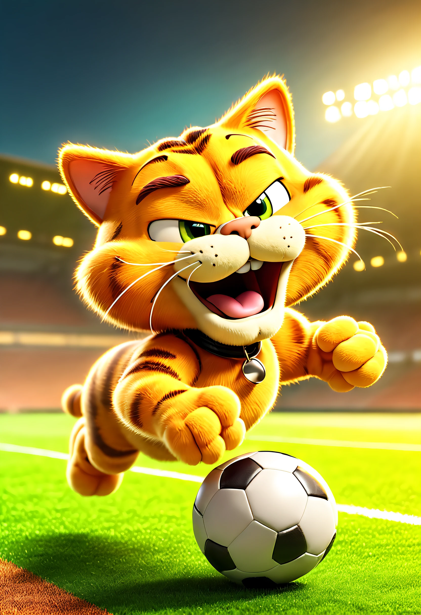 Garfield playing football on football field background, stadio,tmasterpiece, high high quality, Best quality,soccer court,football star garfield ,garfield football,Garfield in the Rocks 'n' rolling,k hd,8K